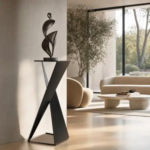 Sellette Contemporanio en acier noir présentant une sculpture en bronze dans un salon contemporain